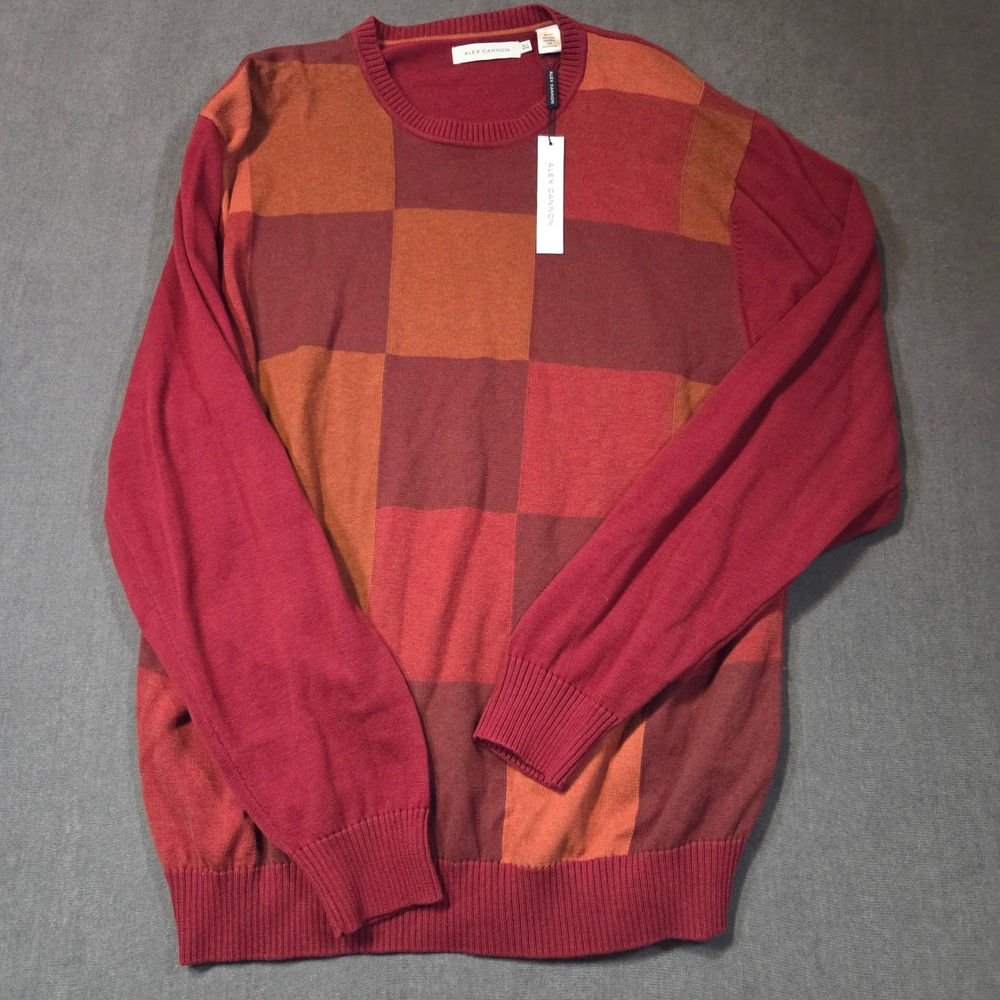 Alex Cannon Sweater Mens XL Rust Orange Colorblock Checkerboard Cotton AFSW22736